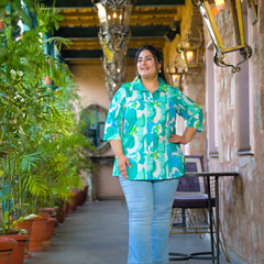 Women Teal Cotton Printed Short Top with Collar Neck (Plus Size)