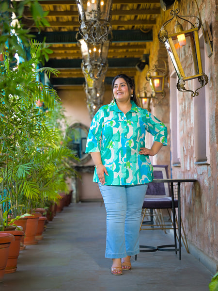Women Teal Cotton Printed Short Top with Collar Neck (Plus Size)