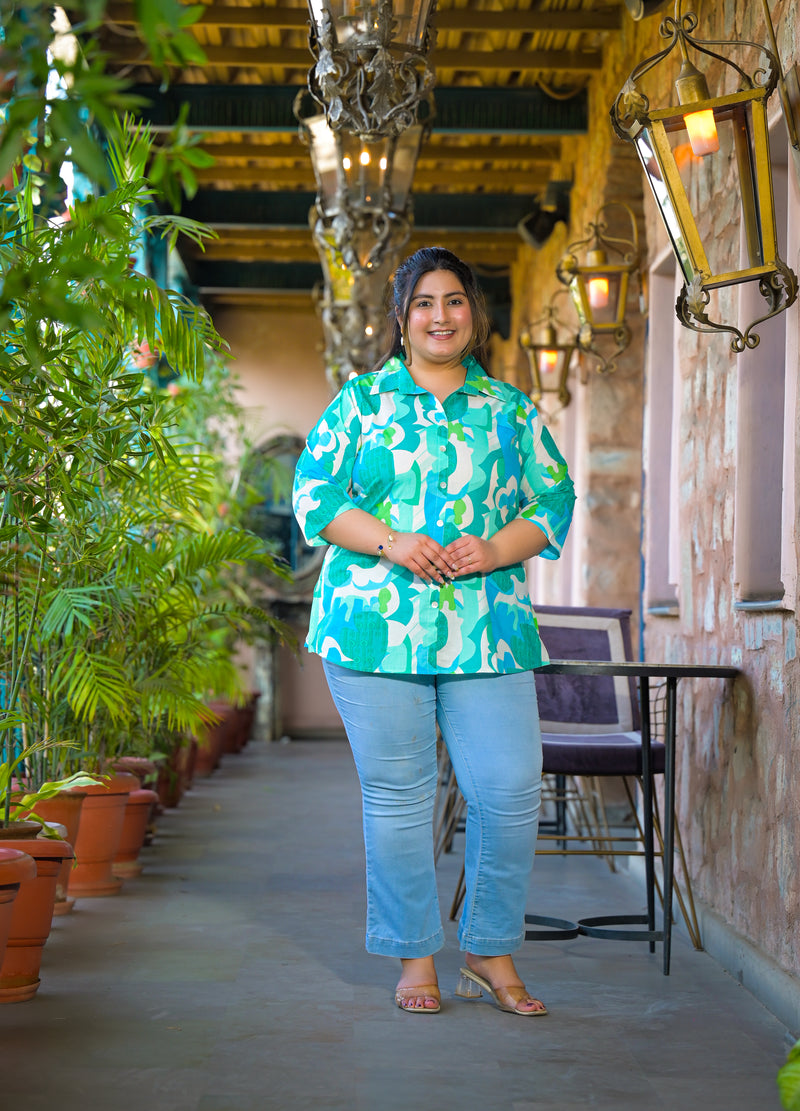 Women Teal Cotton Printed Short Top with Collar Neck (Plus Size)