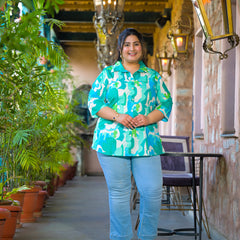 Women Teal Cotton Printed Short Top with Collar Neck (Plus Size)
