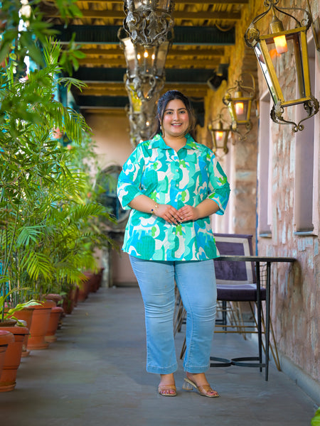 Women Teal Cotton Printed Short Top with Collar Neck (Plus Size)