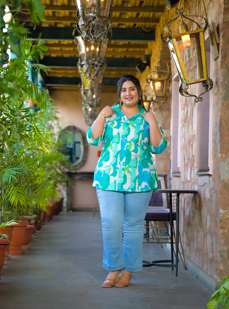 Women Teal Cotton Printed Short Top with Collar Neck (Plus Size)