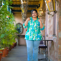 Women Teal Cotton Printed Short Top with Collar Neck (Plus Size)