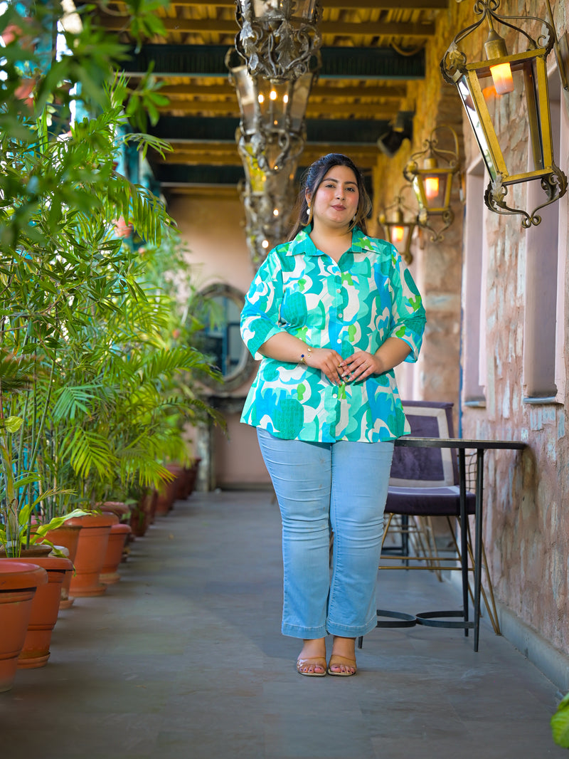 Women Teal Cotton Printed Short Top with Collar Neck (Plus Size)