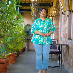 Women Teal Cotton Printed Short Top with Collar Neck (Plus Size)