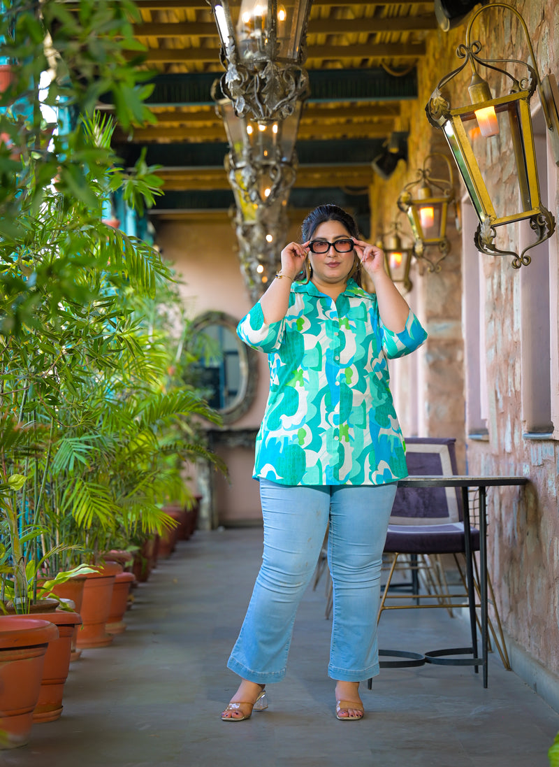 Women Teal Cotton Printed Short Top with Collar Neck (Plus Size)