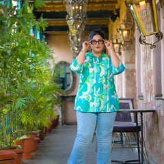 Women Teal Cotton Printed Short Top with Collar Neck (Plus Size)