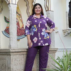 Violet Cotton Printed Co-Ord Set with Collar Neck & Matching Pant (Plus Size)