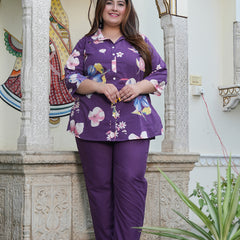 Violet Cotton Printed Co-Ord Set with Collar Neck & Matching Pant (Plus Size)