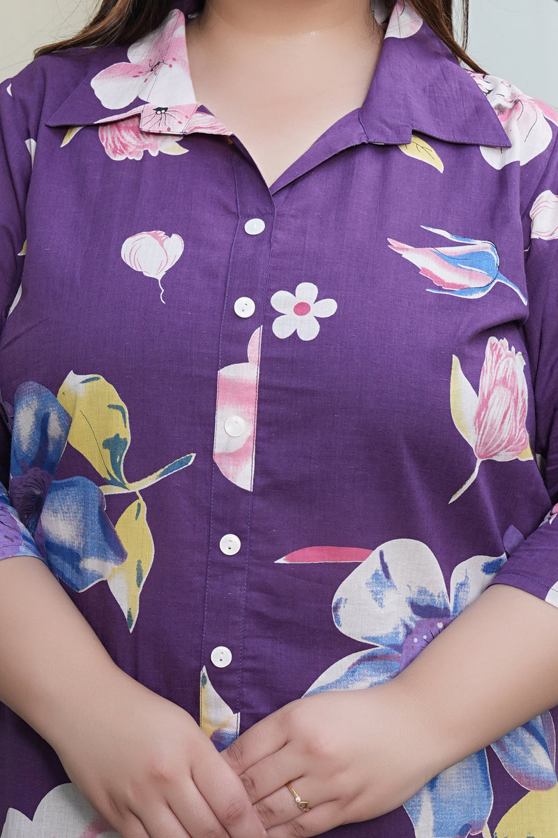 Violet Cotton Printed Co-Ord Set with Collar Neck & Matching Pant (Plus Size)