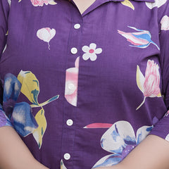 Violet Cotton Printed Co-Ord Set with Collar Neck & Matching Pant (Plus Size)
