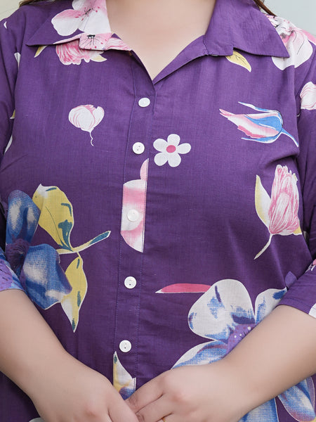 Violet Cotton Printed Co-Ord Set with Collar Neck & Matching Pant (Plus Size)