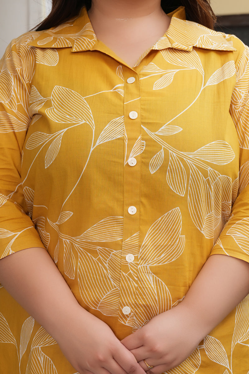 Yellow Cotton Printed Co-Ord Set with Collar Neck & Matching Pant (Plus Size)