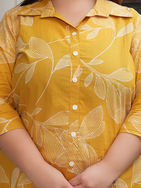 Yellow Cotton Printed Co-Ord Set with Collar Neck & Matching Pant (Plus Size)