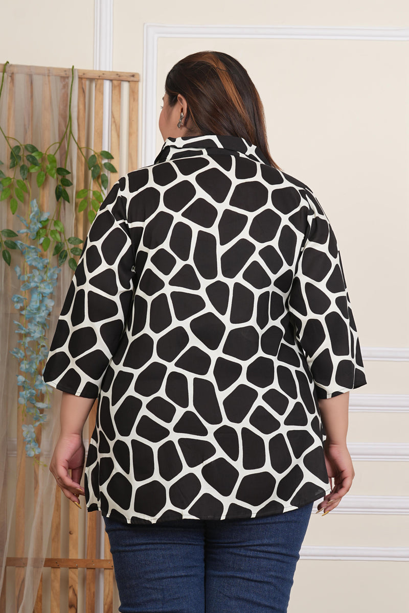 Black Rayon Printed Three-Quarter Sleeve Top (Plus Size)