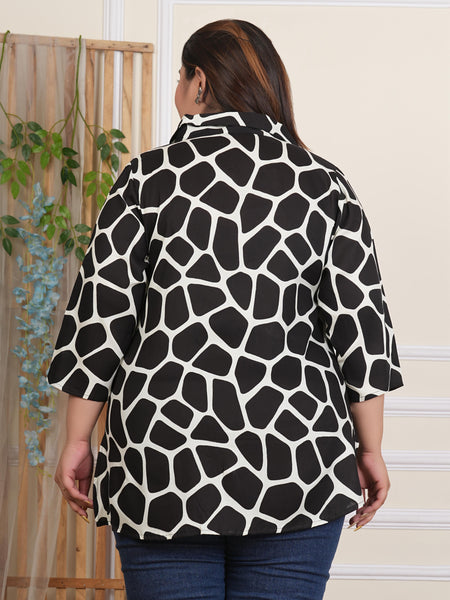 Black Rayon Printed Three-Quarter Sleeve Top (Plus Size)