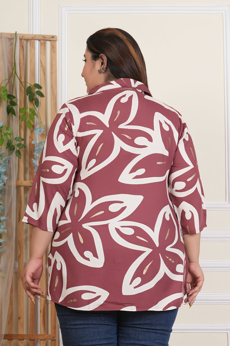 Pastel Maroon Rayon Printed Three-Quarter Sleeve Top (Plus Size)