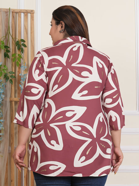 Pastel Maroon Rayon Printed Three-Quarter Sleeve Top (Plus Size)