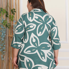 Teal Blue Rayon Printed Three-Quarter Sleeve Top (Plus Size)
