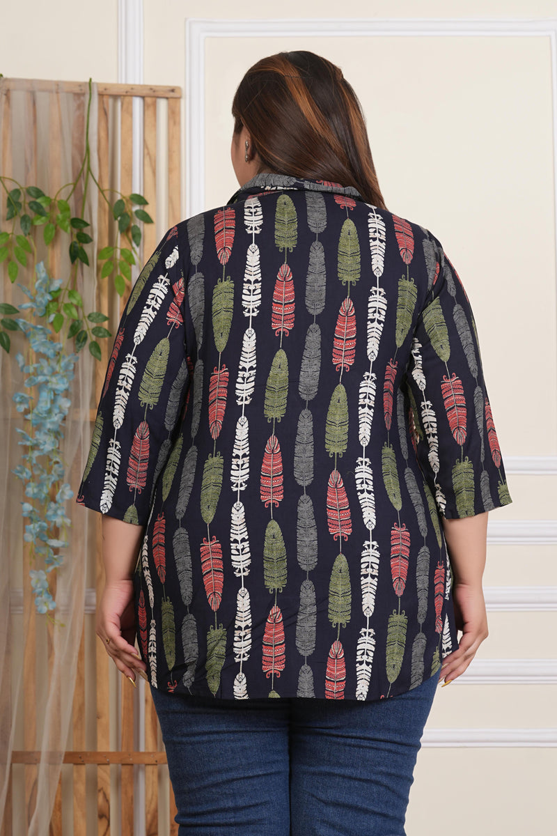 Blue Rayon Printed Three-Quarter Sleeve Top (Plus Size)