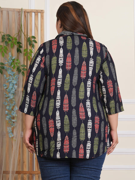 Blue Rayon Printed Three-Quarter Sleeve Top (Plus Size)