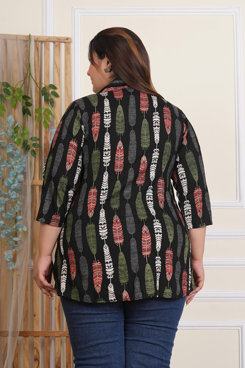Black Rayon Printed Three-Quarter Sleeve Top (Plus Size)