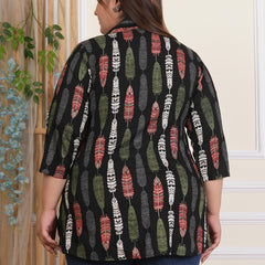 Black Rayon Printed Three-Quarter Sleeve Top (Plus Size)