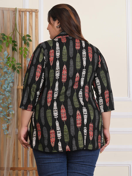 Black Rayon Printed Three-Quarter Sleeve Top (Plus Size)