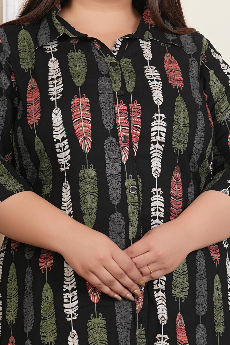 Black Rayon Printed Three-Quarter Sleeve Top (Plus Size)
