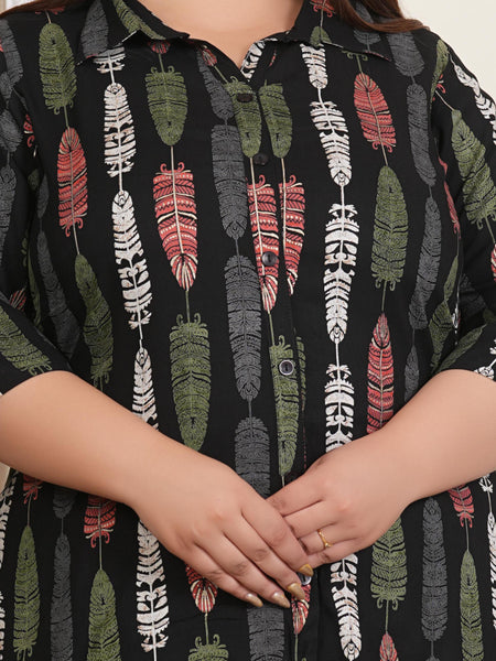 Black Rayon Printed Three-Quarter Sleeve Top (Plus Size)