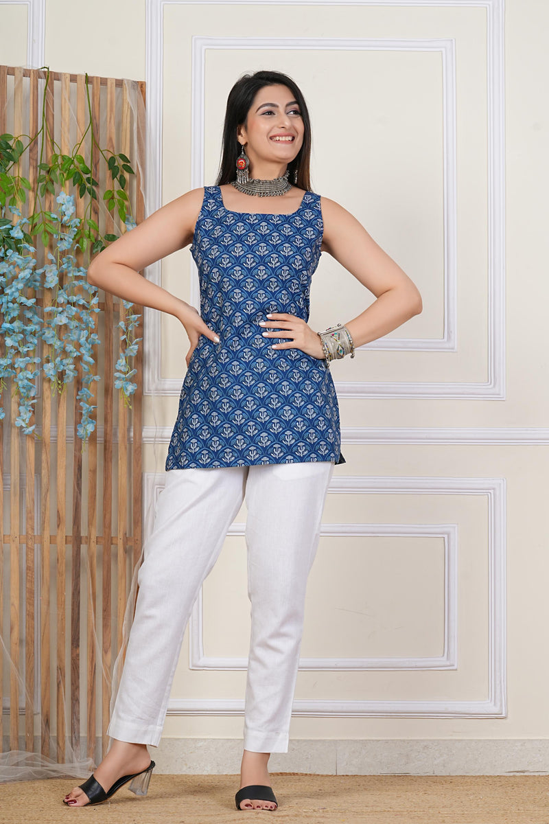 Blue Printed Sleeveless Top