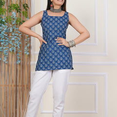 Blue Printed Sleeveless Top