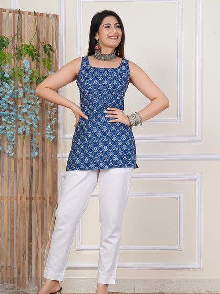 Blue Printed Sleeveless Top