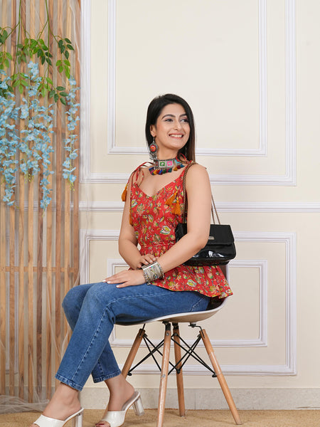 Red Printed Sleeveless Top