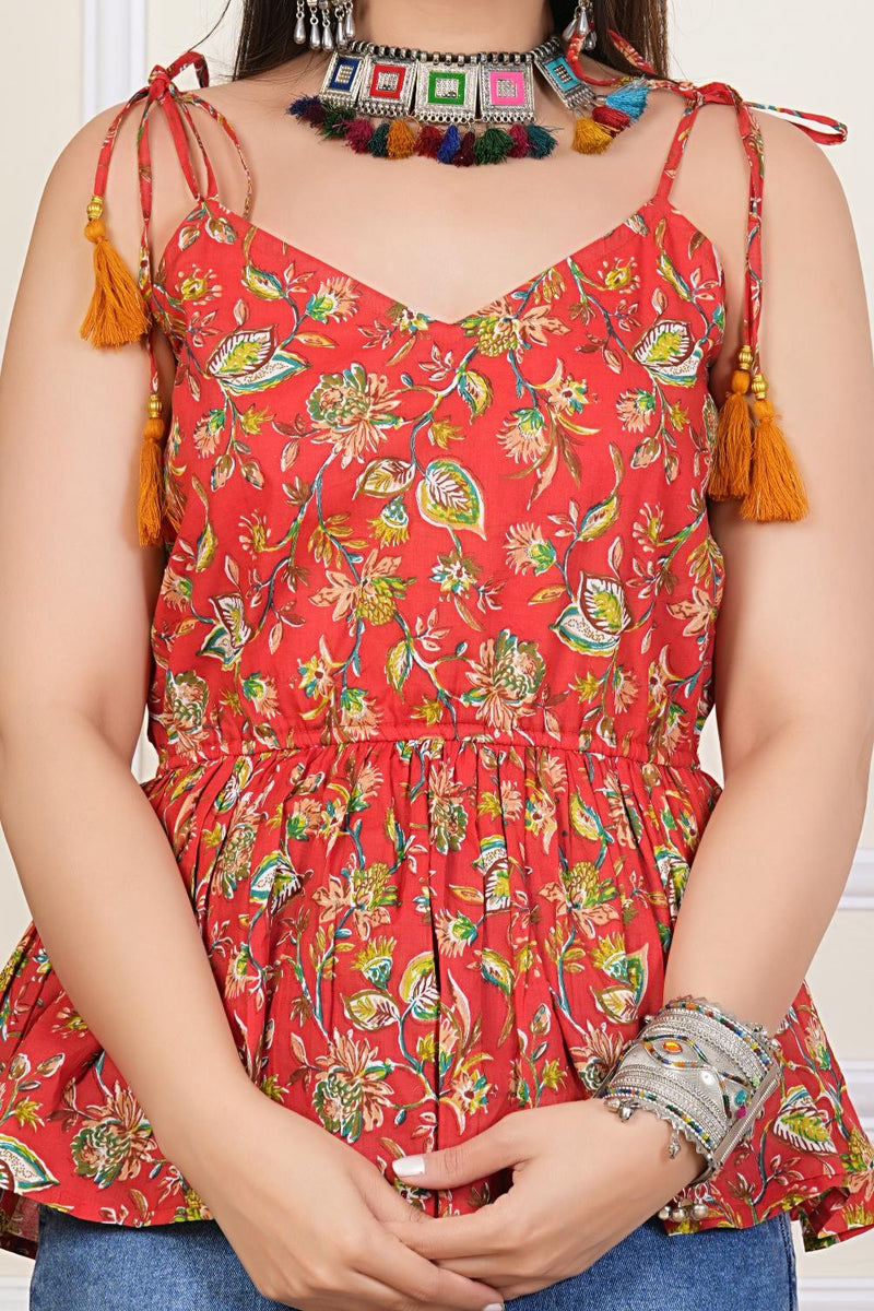 Red Printed Sleeveless Top