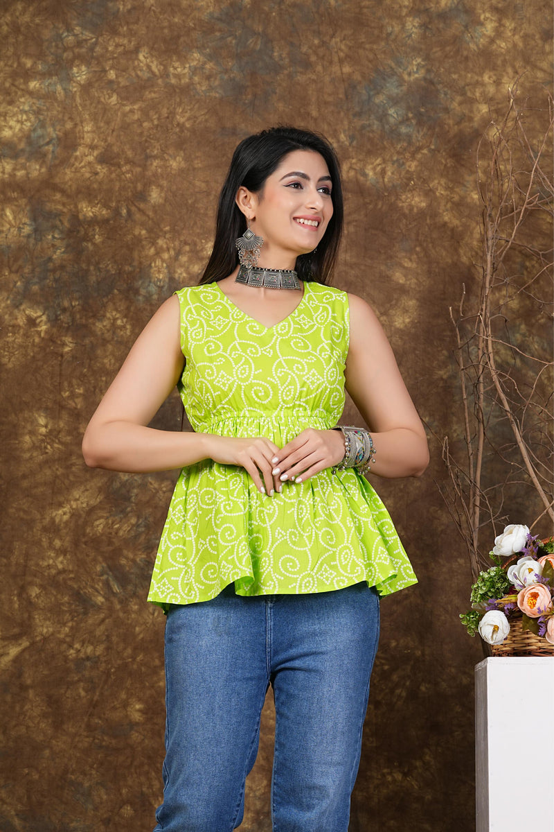 Lemon Green Printed Flared Top