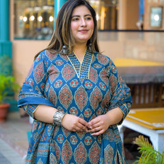 Blue Printed Cotton Kurta Pant Dupatta Set for Women (Plus Size)