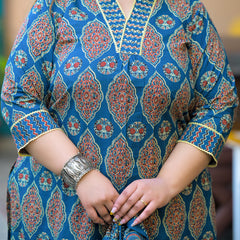 Blue Printed Cotton Kurta Pant Dupatta Set for Women (Plus Size)
