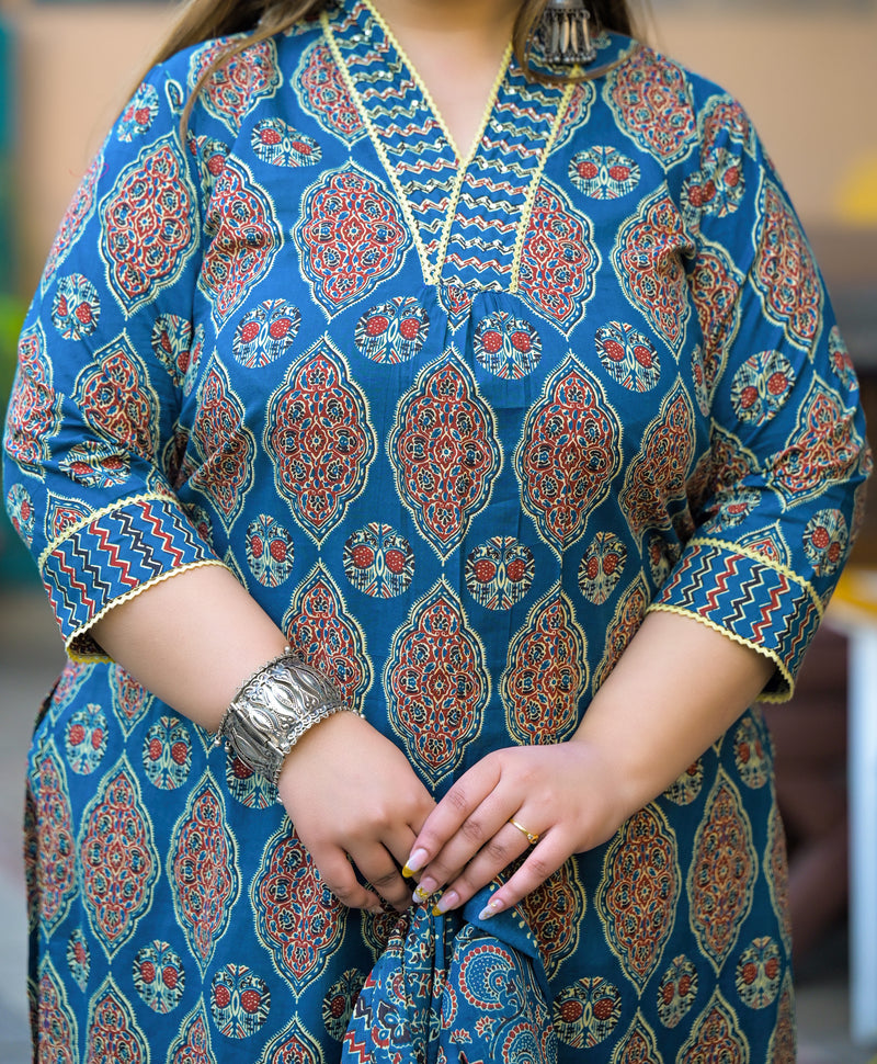 Blue Printed Cotton Kurta Pant Dupatta Set for Women (Plus Size)
