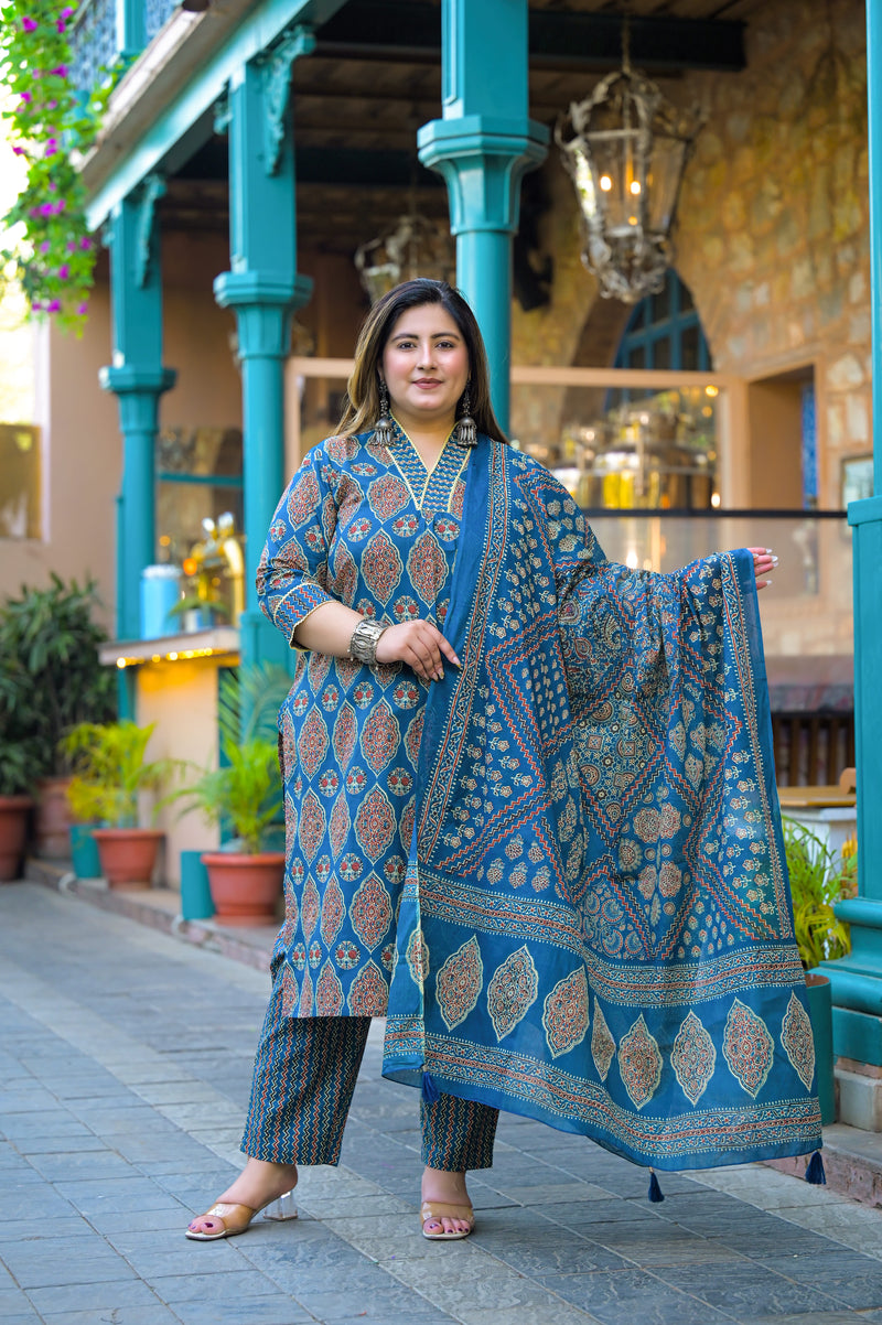 Blue Printed Cotton Kurta Pant Dupatta Set for Women (Plus Size)