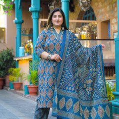 Blue Printed Cotton Kurta Pant Dupatta Set for Women (Plus Size)