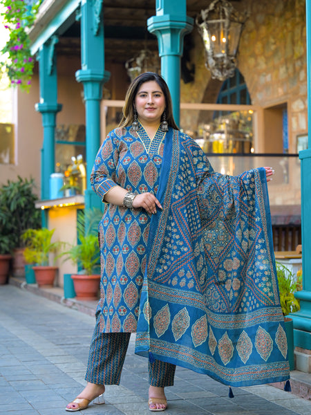 Blue Printed Cotton Kurta Pant Dupatta Set for Women (Plus Size)