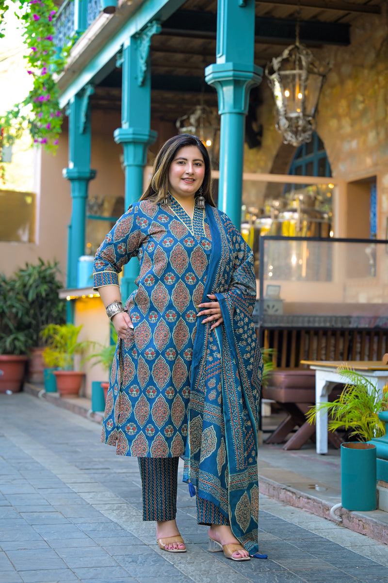 Blue Printed Cotton Kurta Pant Dupatta Set for Women (Plus Size)