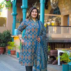 Blue Printed Cotton Kurta Pant Dupatta Set for Women (Plus Size)