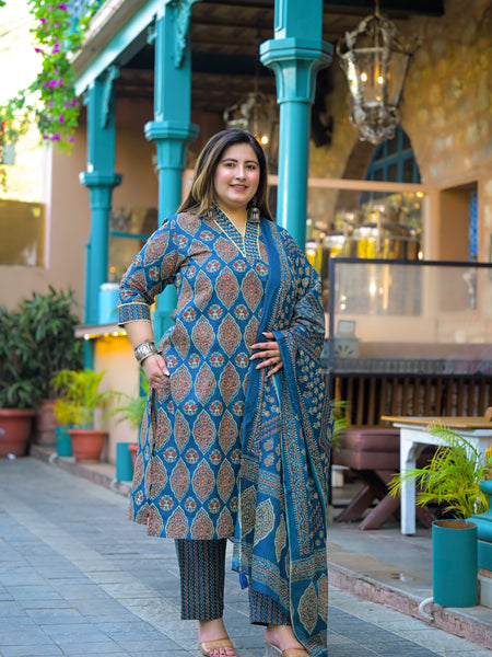 Blue Printed Cotton Kurta Pant Dupatta Set for Women (Plus Size)