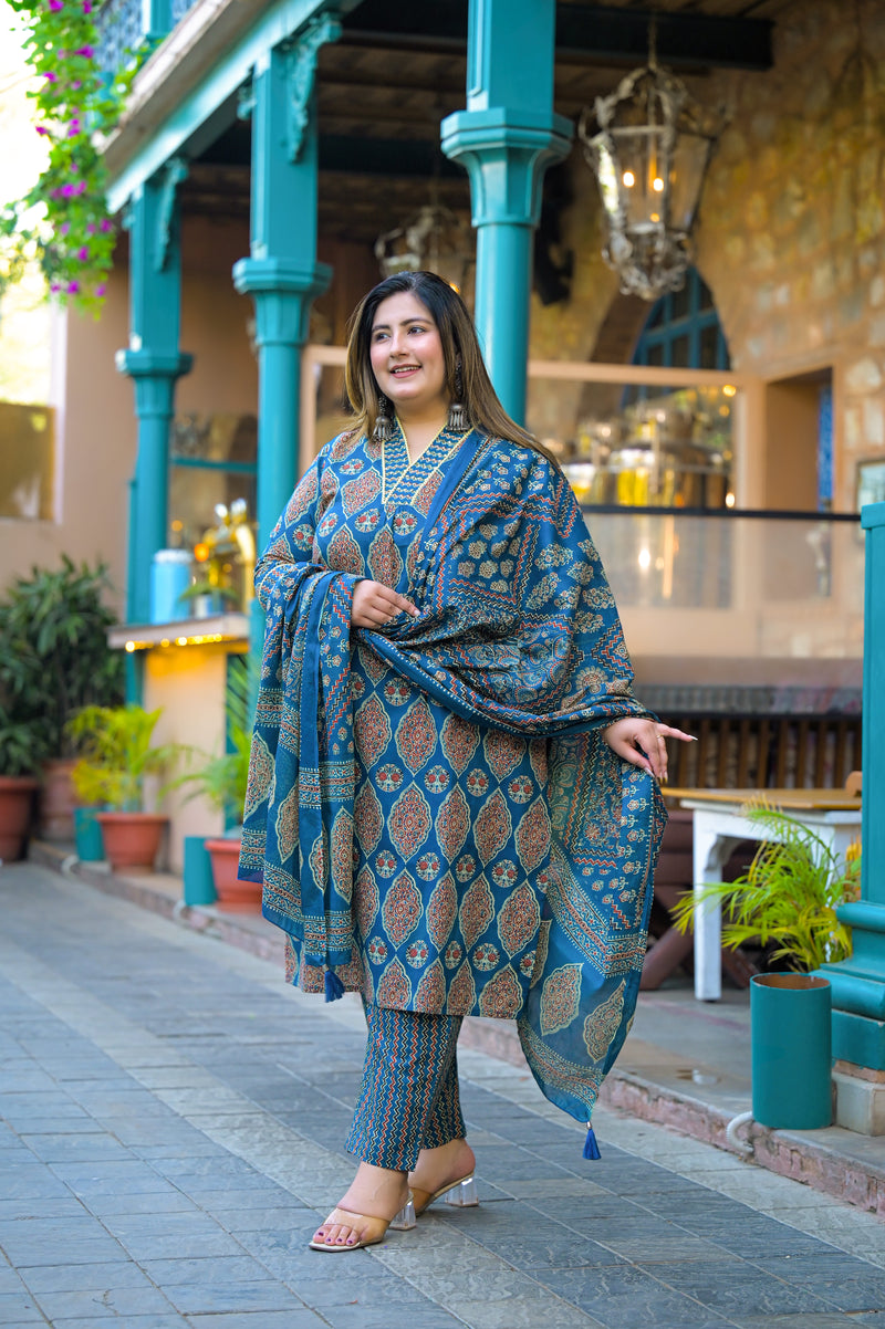 Blue Printed Cotton Kurta Pant Dupatta Set for Women (Plus Size)