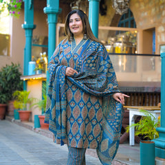 Blue Printed Cotton Kurta Pant Dupatta Set for Women (Plus Size)