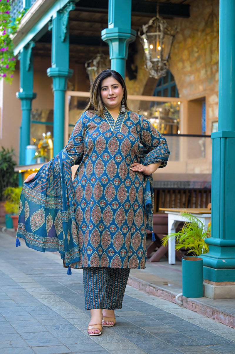 Blue Printed Cotton Kurta Pant Dupatta Set for Women (Plus Size)