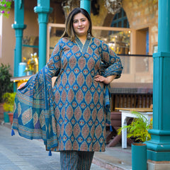 Blue Printed Cotton Kurta Pant Dupatta Set for Women (Plus Size)