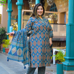 Blue Printed Cotton Kurta Pant Dupatta Set for Women (Plus Size)